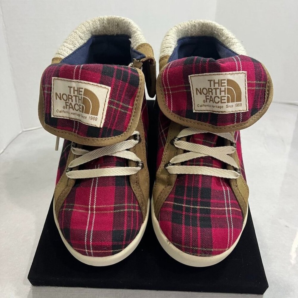 The North Face Plaid High Top Sneakers Fold Over Collar Red Tan 6